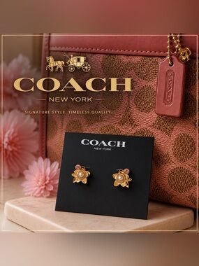 NWT Coach Gold Tone Wildflower tea rose Stud Earrings Pink Pearl Crystal Gems